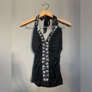 Y2K body central Black Halter Tank Top with Gem Embellishment
